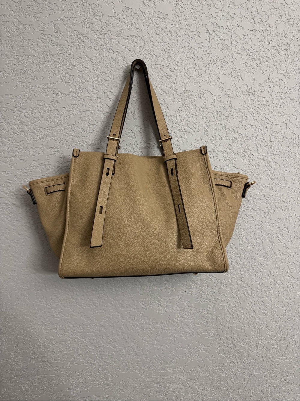 Classic Beige Pebbled Leather Tote Bag With Detachable Crossbody Strap 100% PU